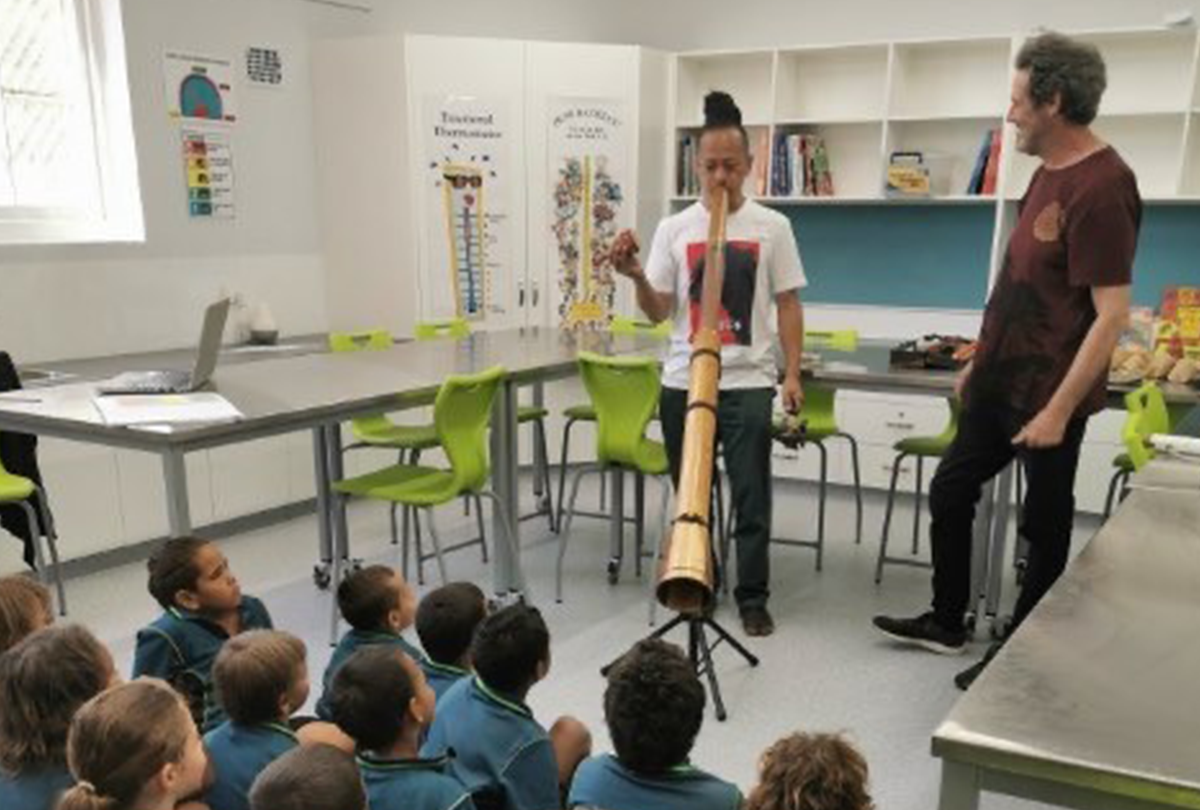Musicians teach didgeridoo to a classroom.