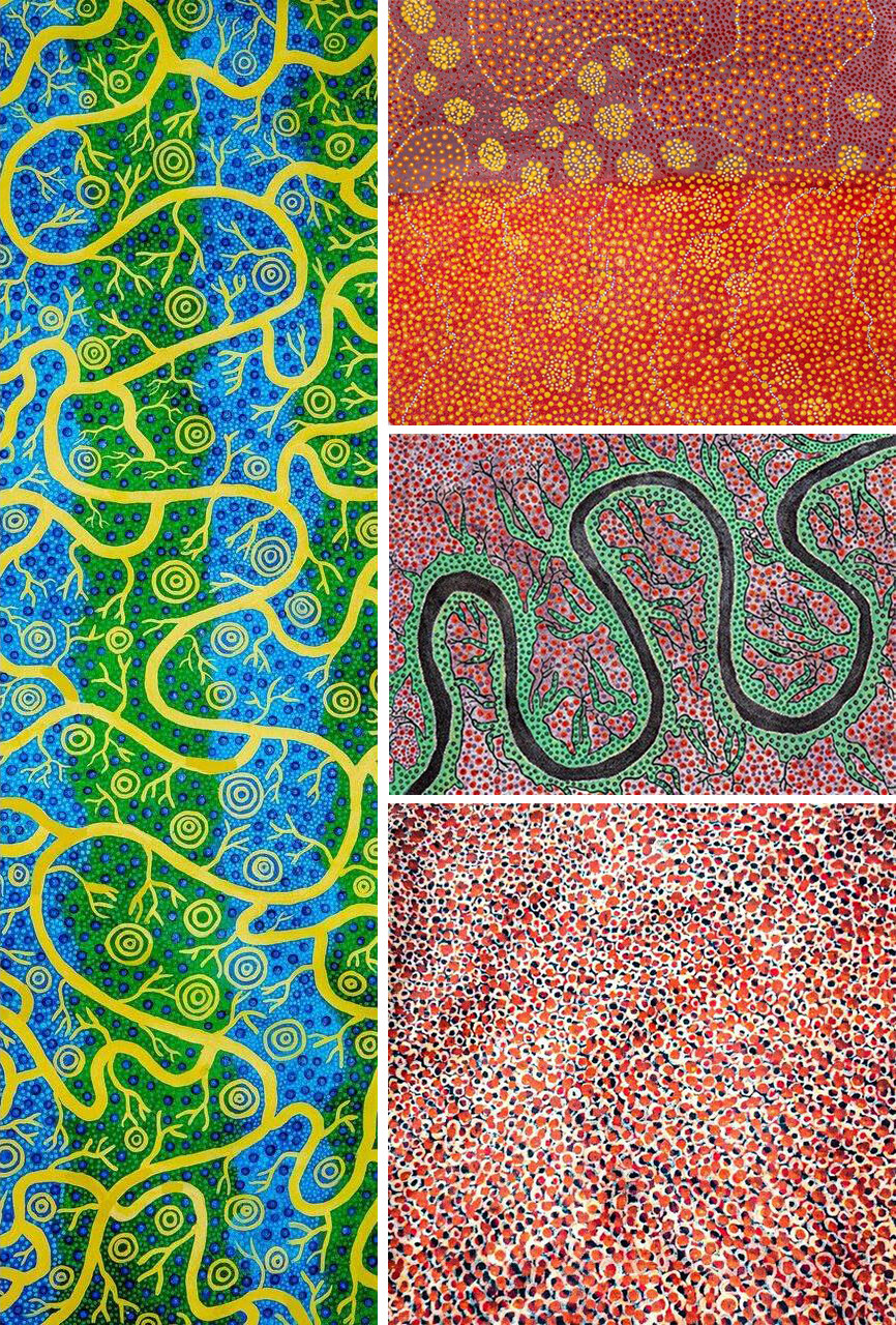 Four paintings by Bianca Long. These use long flowing lines like rivers to represent the country and land she lives on.