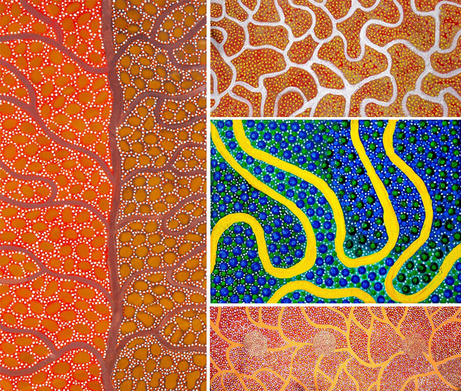 Four paintings by Bianca Long. They reflect the flow of rivers and paths of the land with long flowy lines.