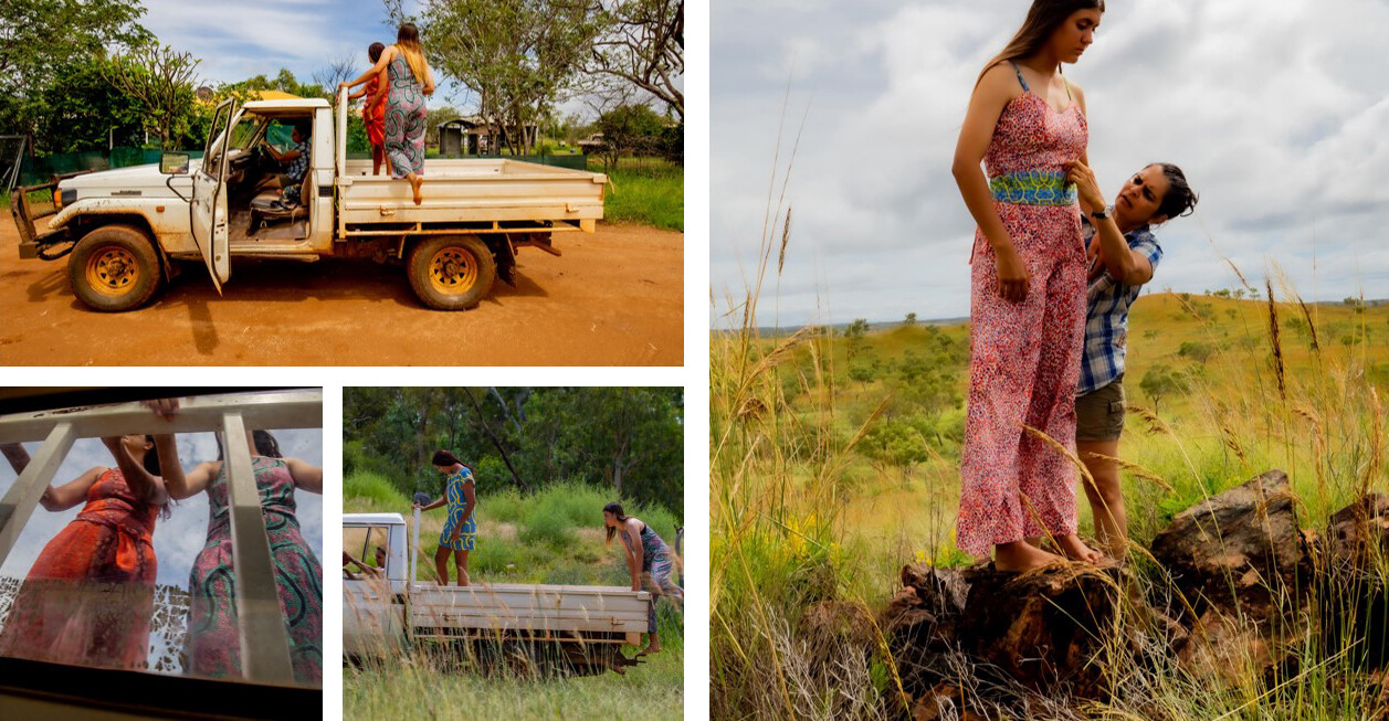 Three photos of models on the back of a dirty ute. One photo of Bianca fixing a garmet on a model who stands on a rock in a grass field.