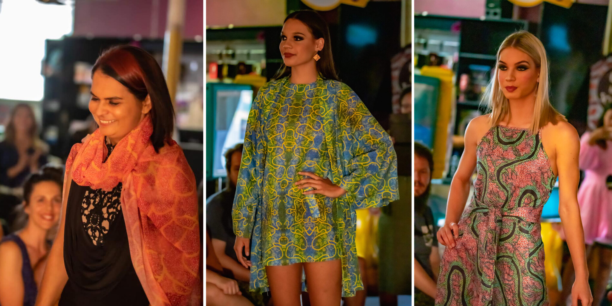 Three photos of girls on the runway.