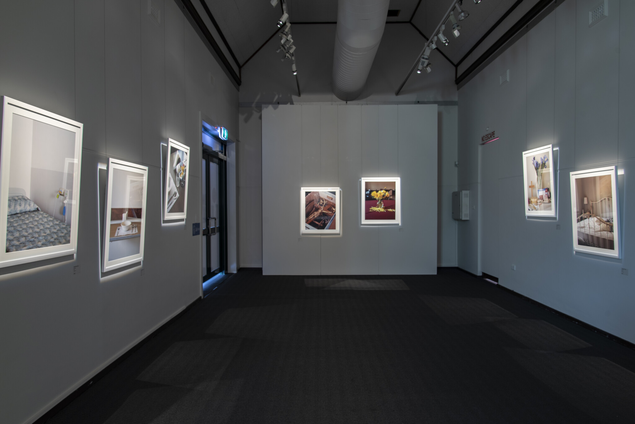 Inside a dark gallery. Three photos are on the left wall, and two on the right depict hospital rooms, while two photos on the wall in front of the camera depict flowers