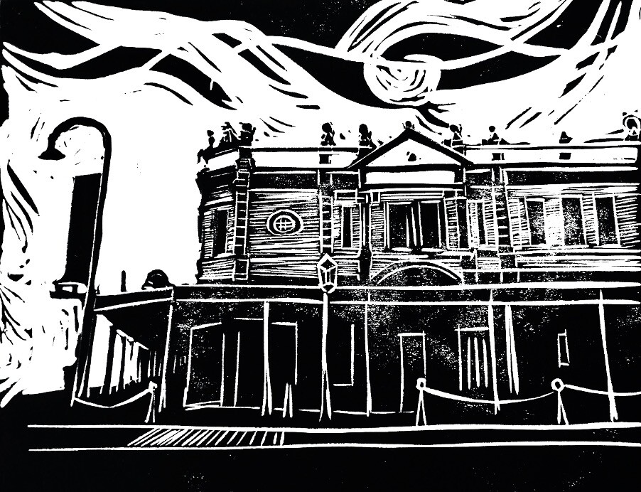Black and white line image of a building.
