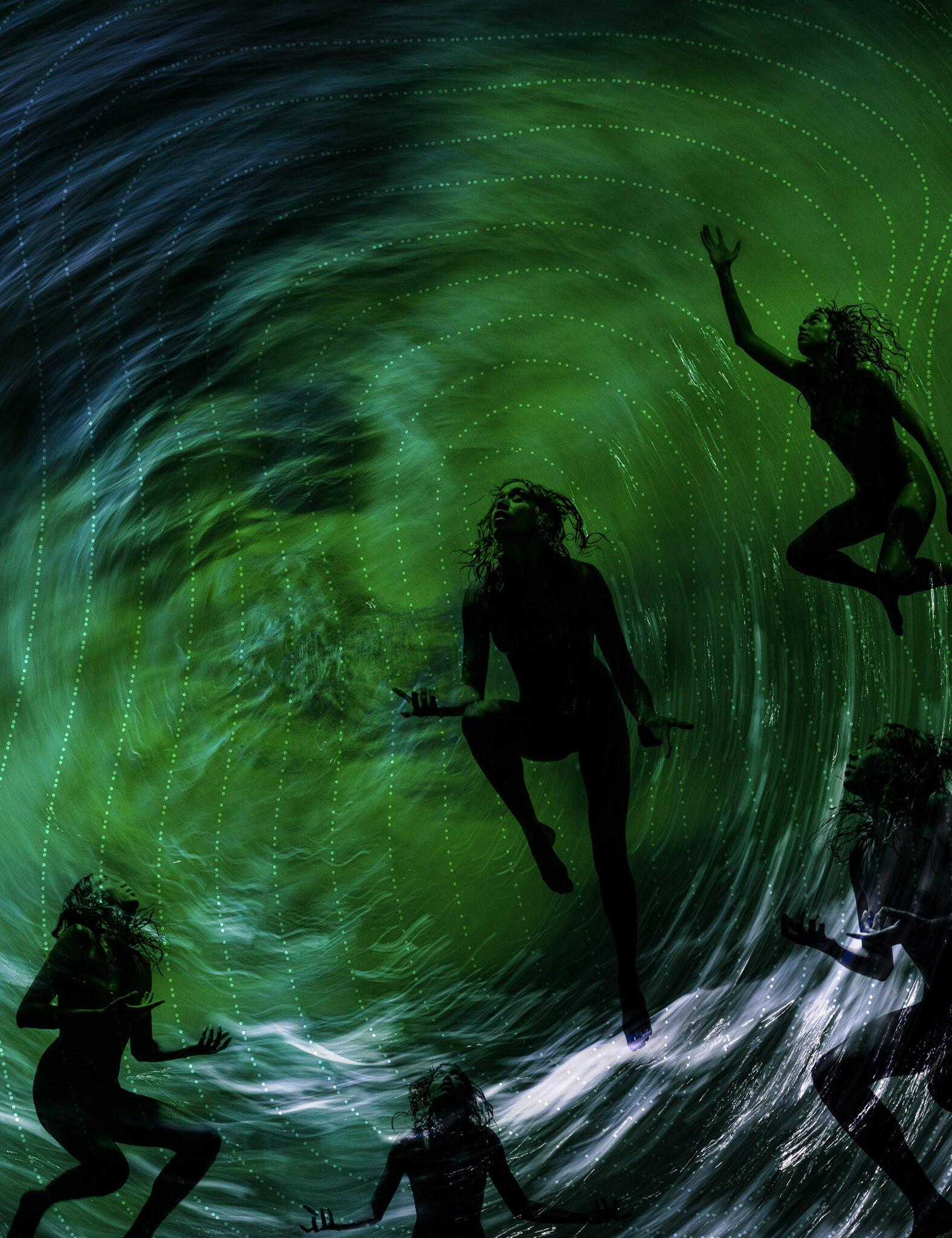 An Indigenous man is repeated in five different poses against the night sky. The sky is a swirl of black, blue, green and white. The figures are in almost silhouette, and appear to be floating toward the sky with arms outstretched. Curved lines of small white dots are superimposed over the image in circles.