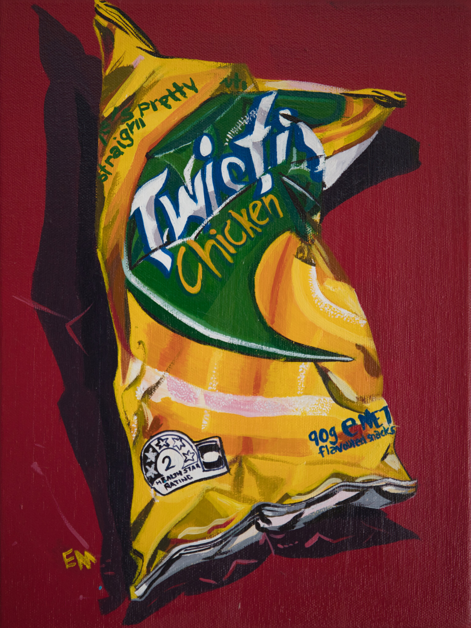 A painting of a packet of chicken twisties.