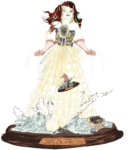 Drawing of a doll with brown hair in a gold princess dress standing on a trophy stand.