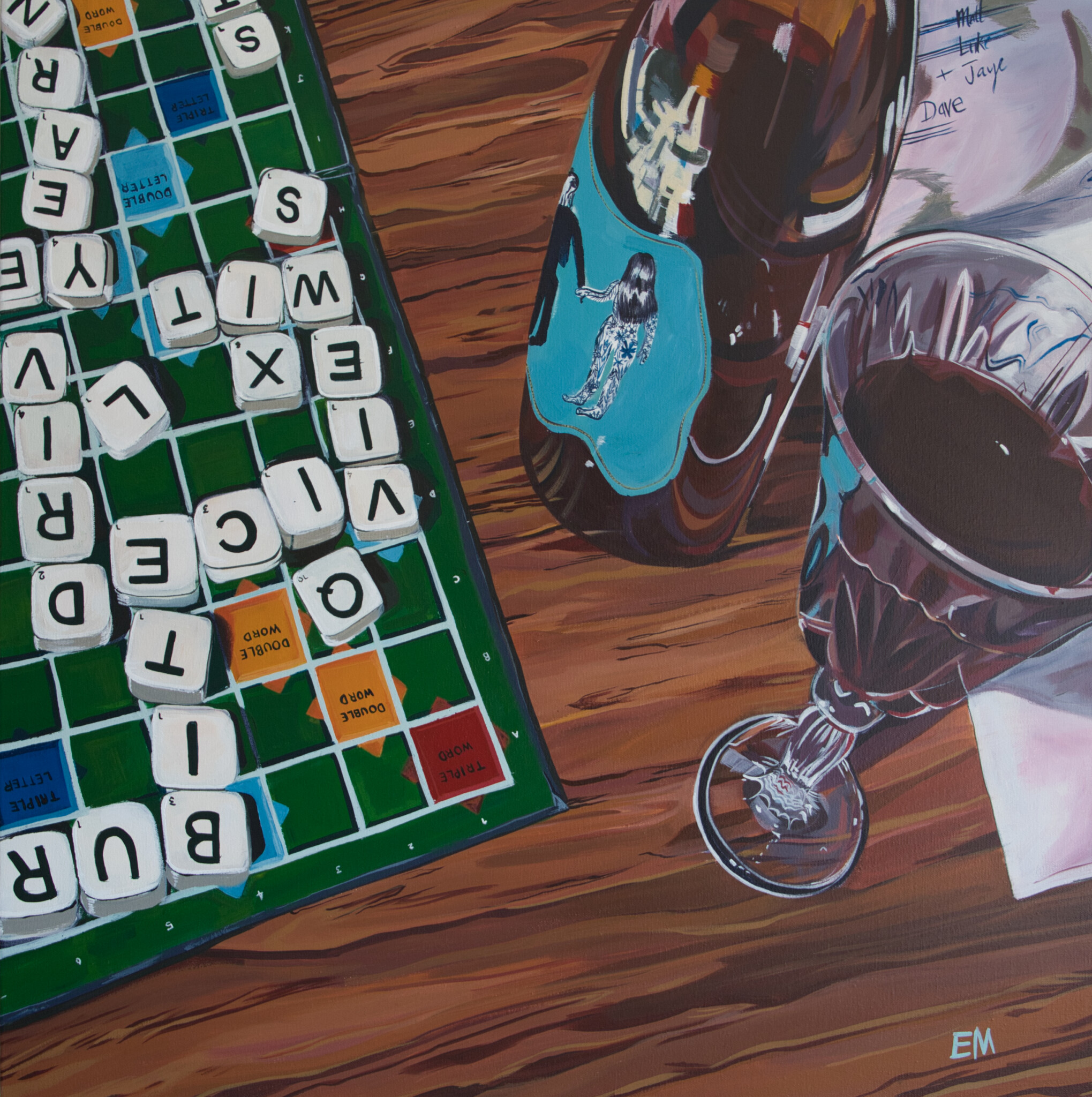 Painting of a scrabble board, bottle of red wine, and glass of red wine on a wood table.