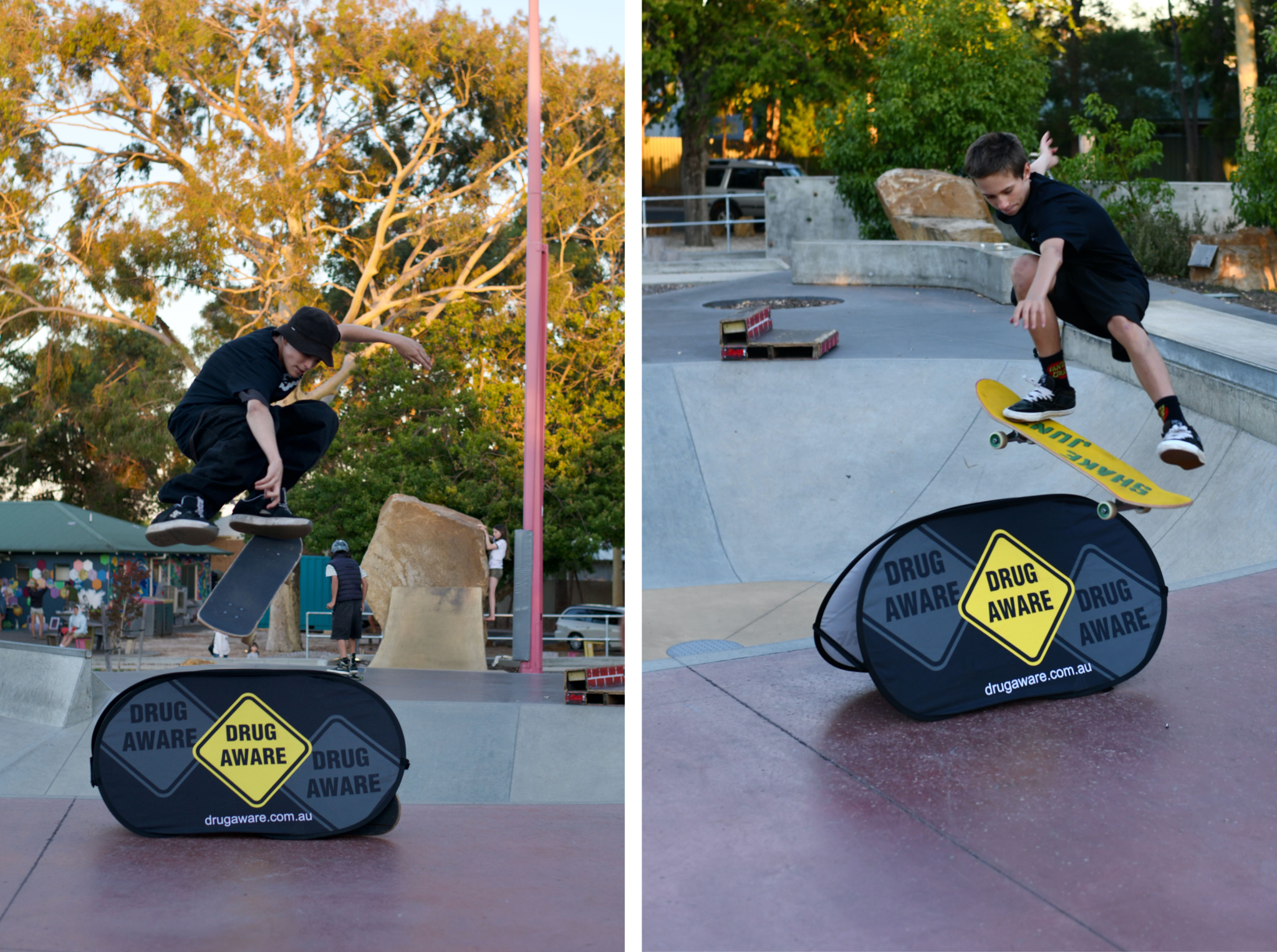 Two photos side by side of young boys doing an ollie over a banner that reads Drug Aware