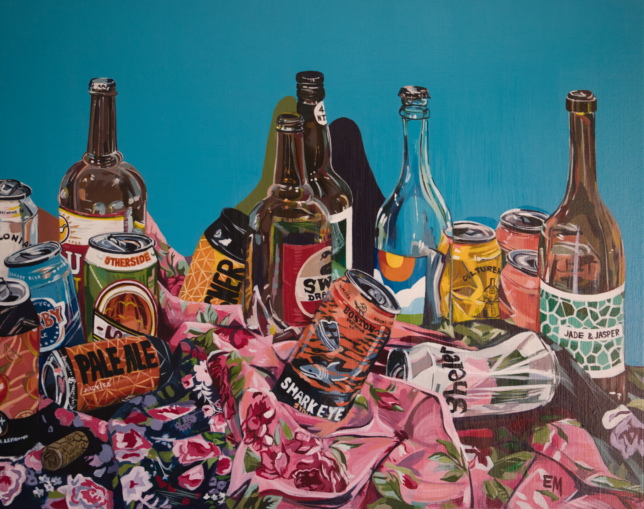 A painting of a variety of alcohol bottles and cans sitting on floral sheets against a blue backdrop.