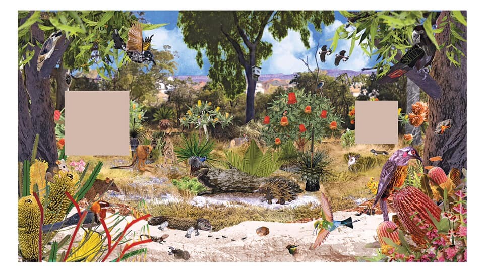 A mural depicting Australian landscapes and wildlife.