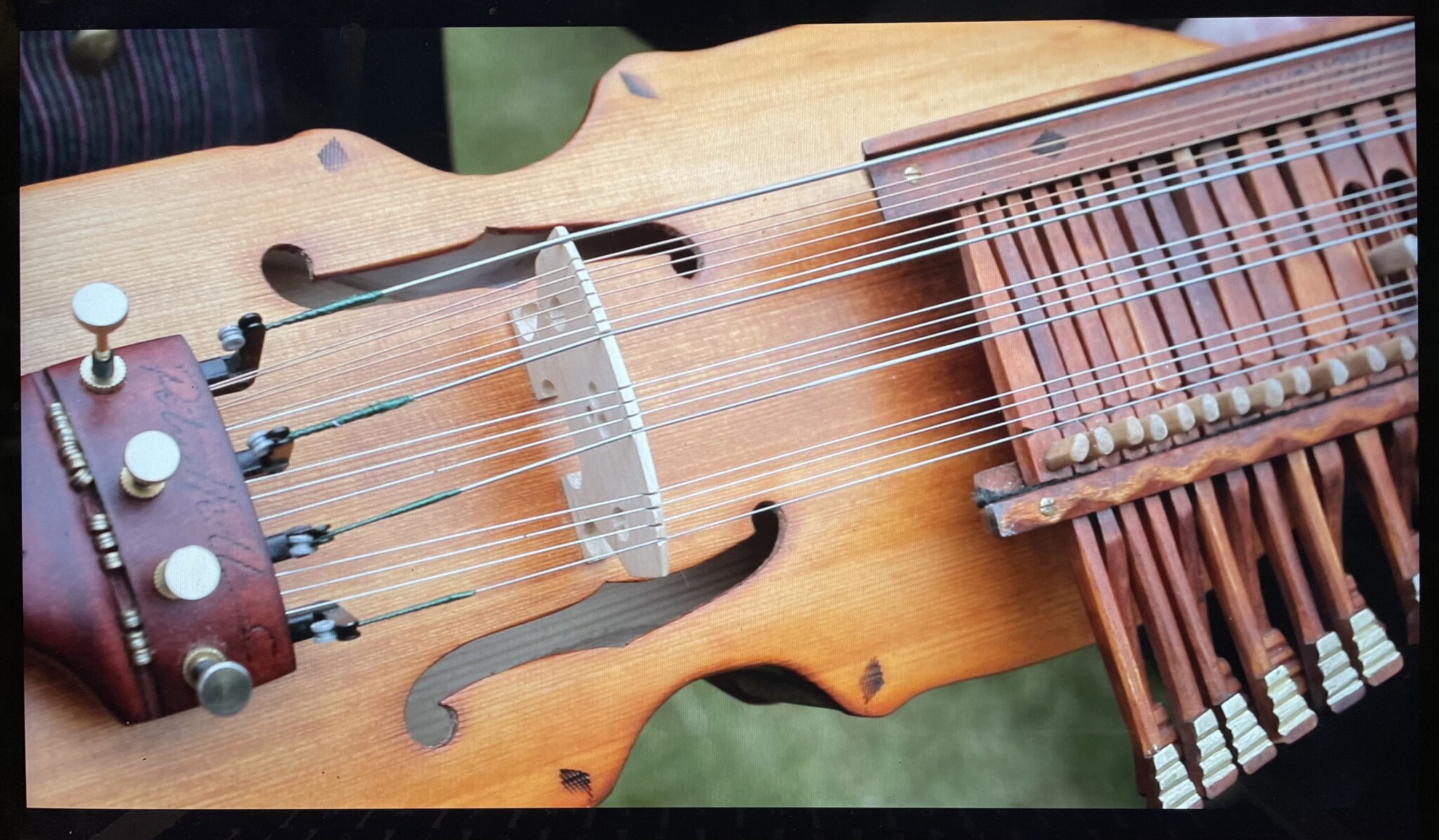 Close up of a Nyckelharpa, a Swedish stringed instrument.