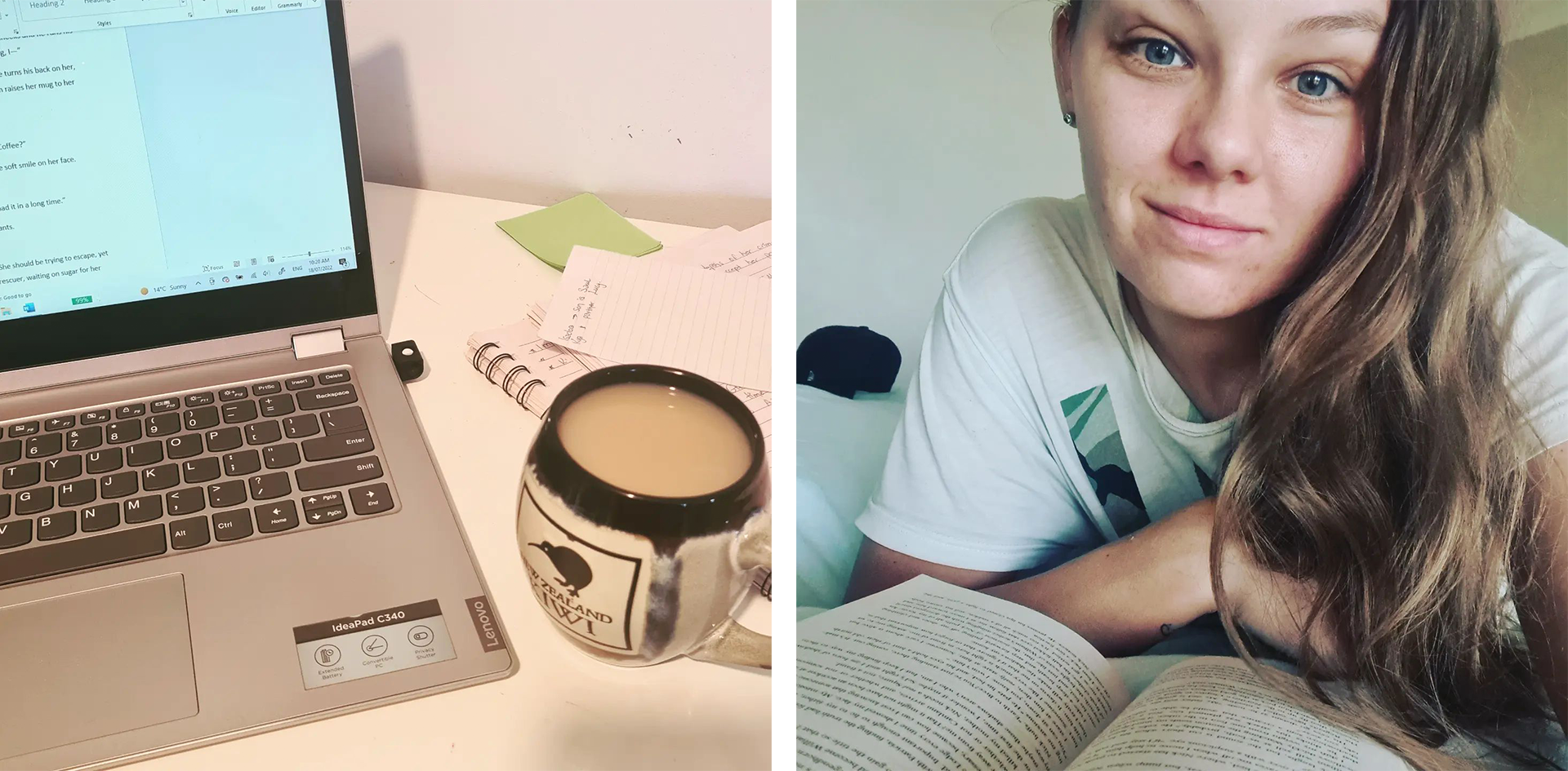 Two images. On the left a laptop  and mug of tea. On the right Madeline reading.