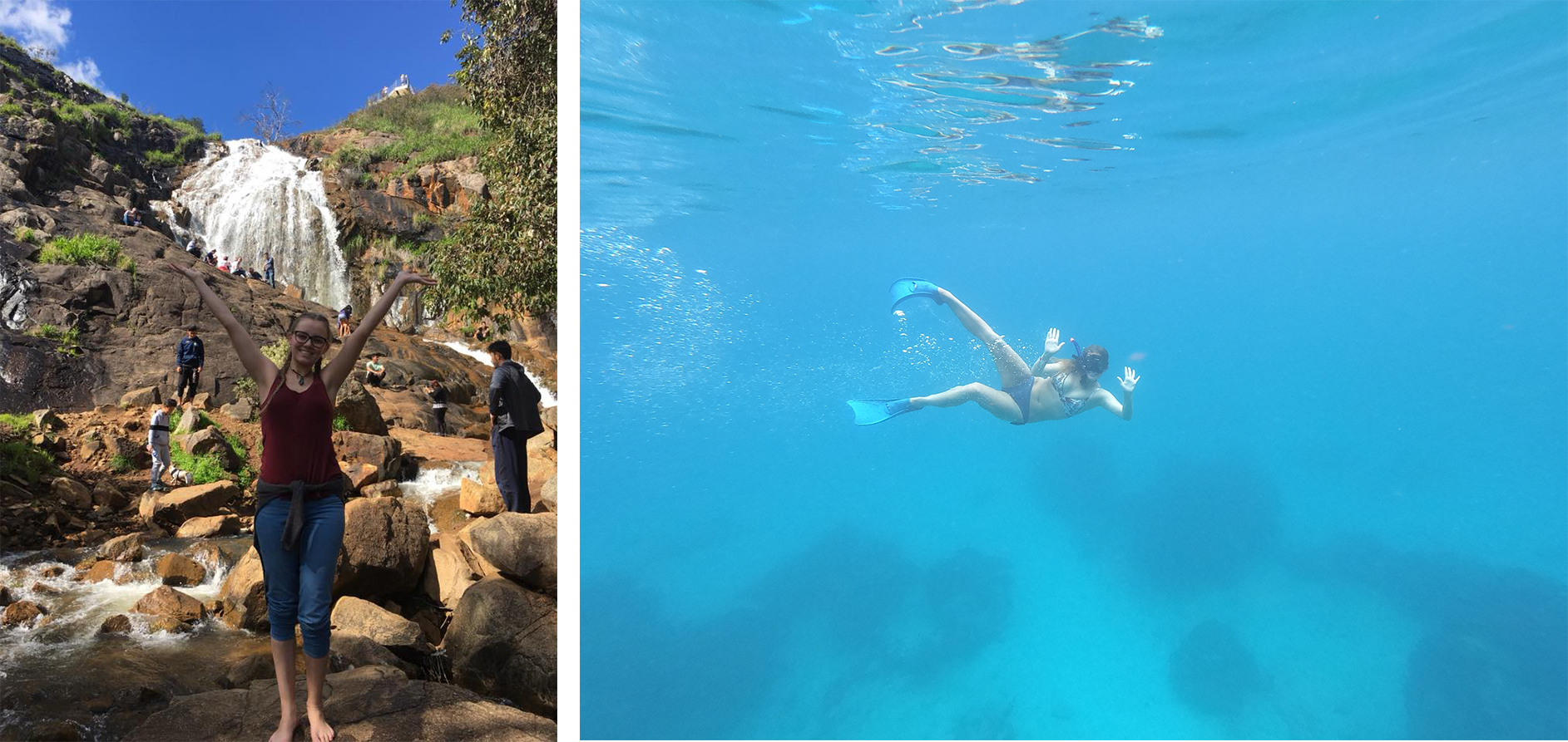 Two images. On the left Madeline standing in front of a waterfall. On the right Madeline swimming.