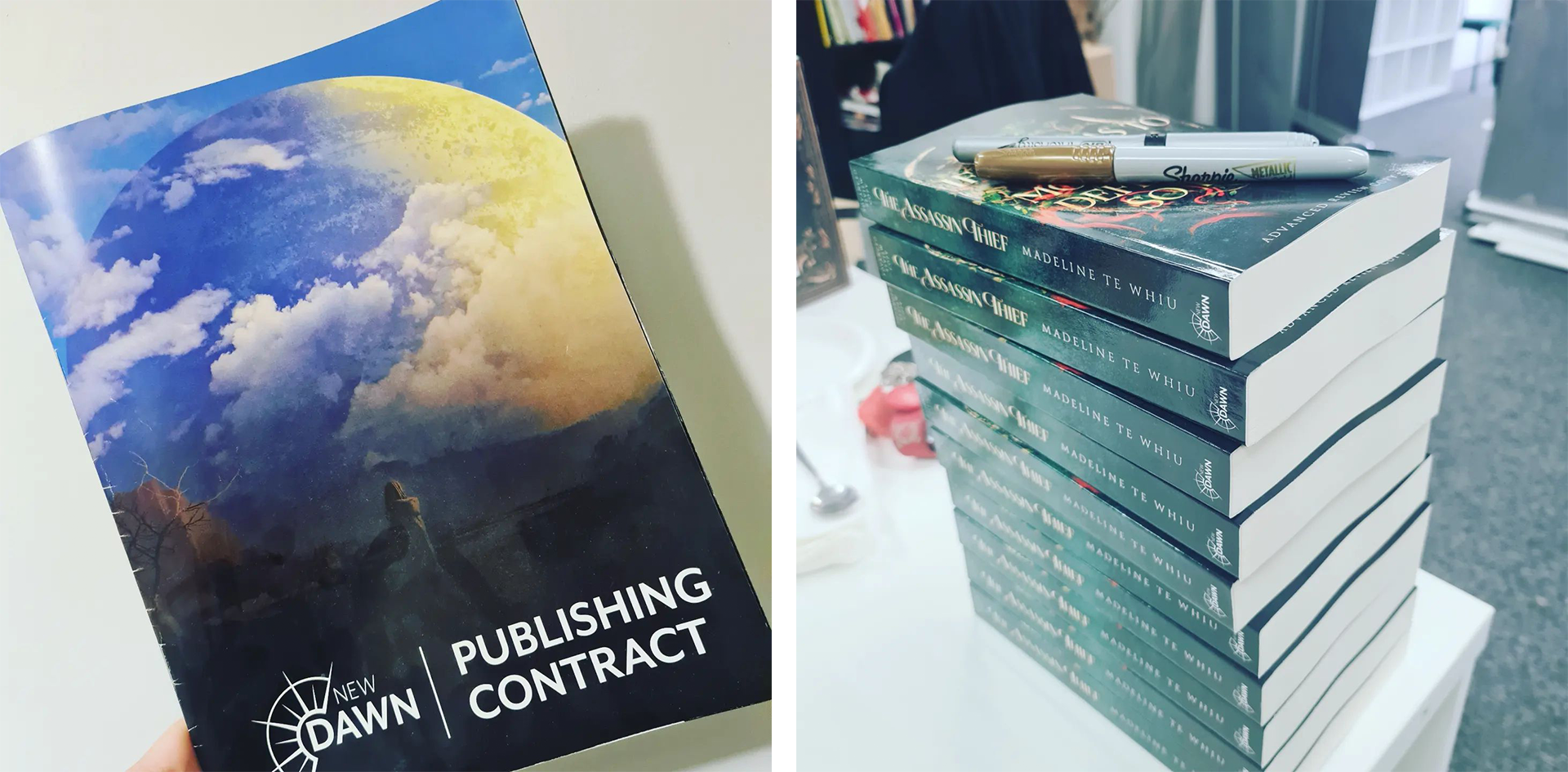 Two images. On the left is a New Dawn publishing contract, on the right is a stacked pile of The Assassin Thief books
