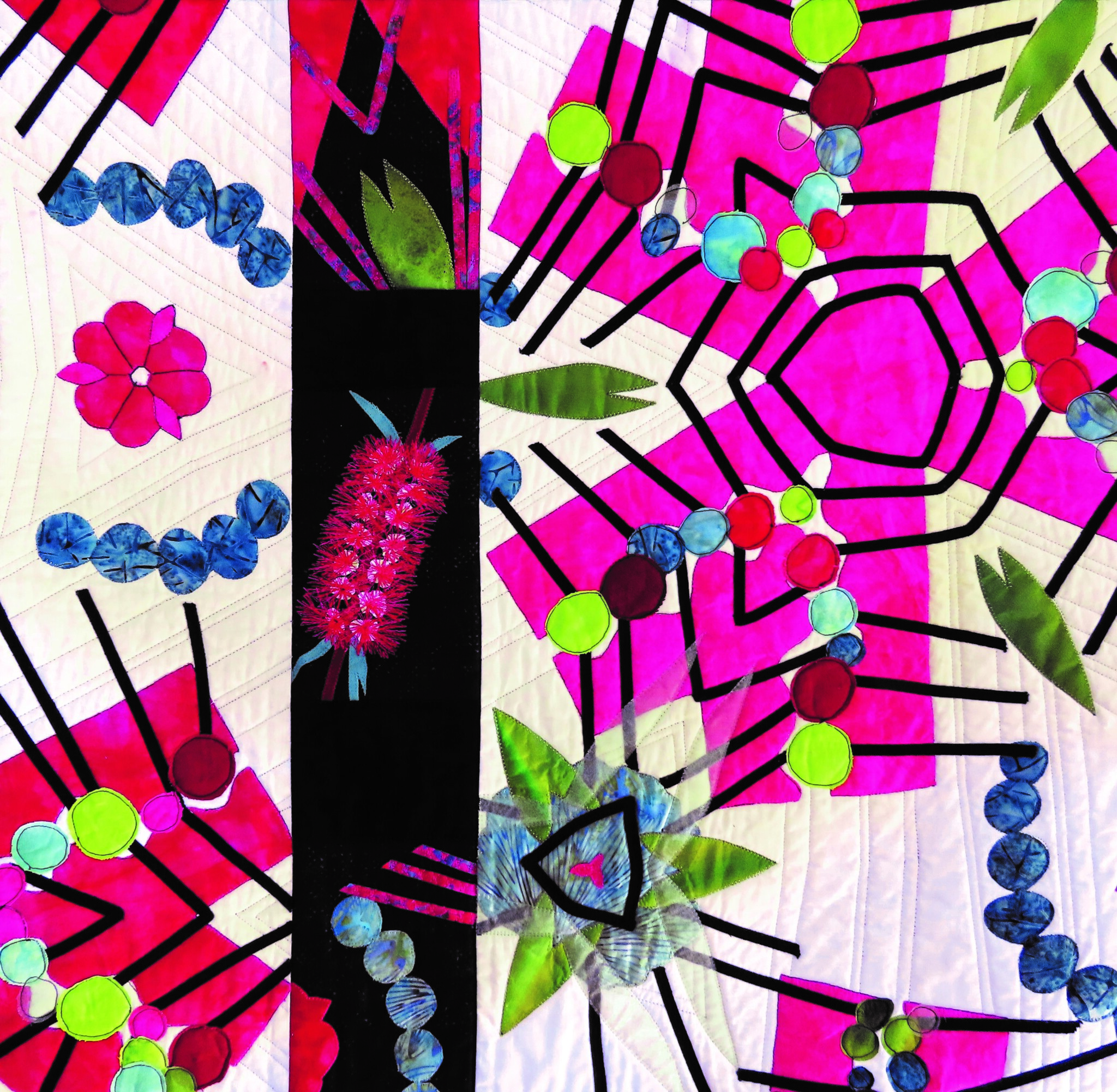 Colorful abstract design with geometric shapes, circles, black lines, and red textured object on stitched fabric background.