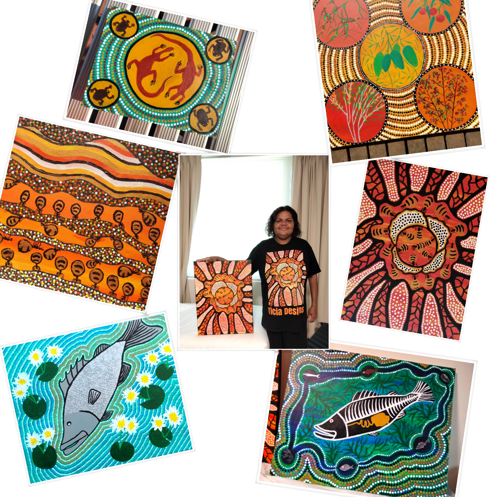 Six colourful Aboriginal artworks around a photo of Letisha who holds the  print of one of them, wearing a T-Shirt with the same artwork silkscreened.