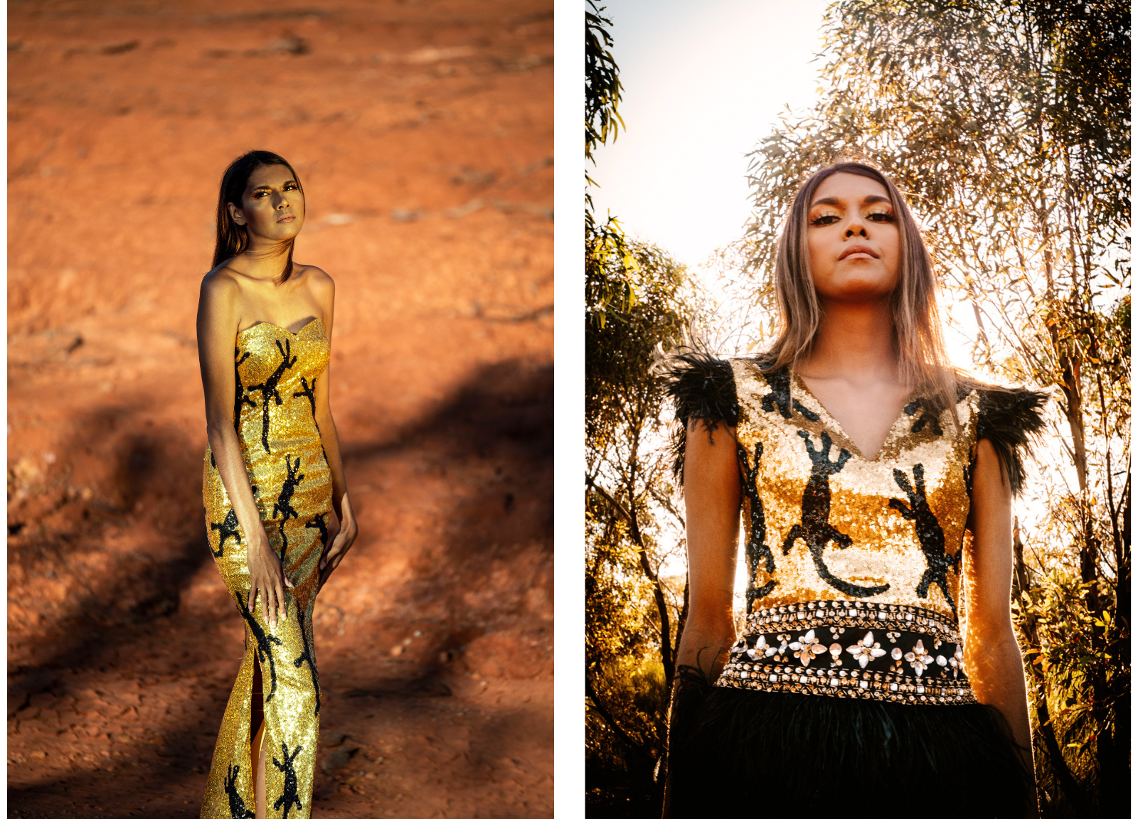 Two photos of an Indigenous model wearing sequined gold dresses with black goanna print. Dress on the left is strapless and floor length, dress on the right has feathered sleeves and skirt.