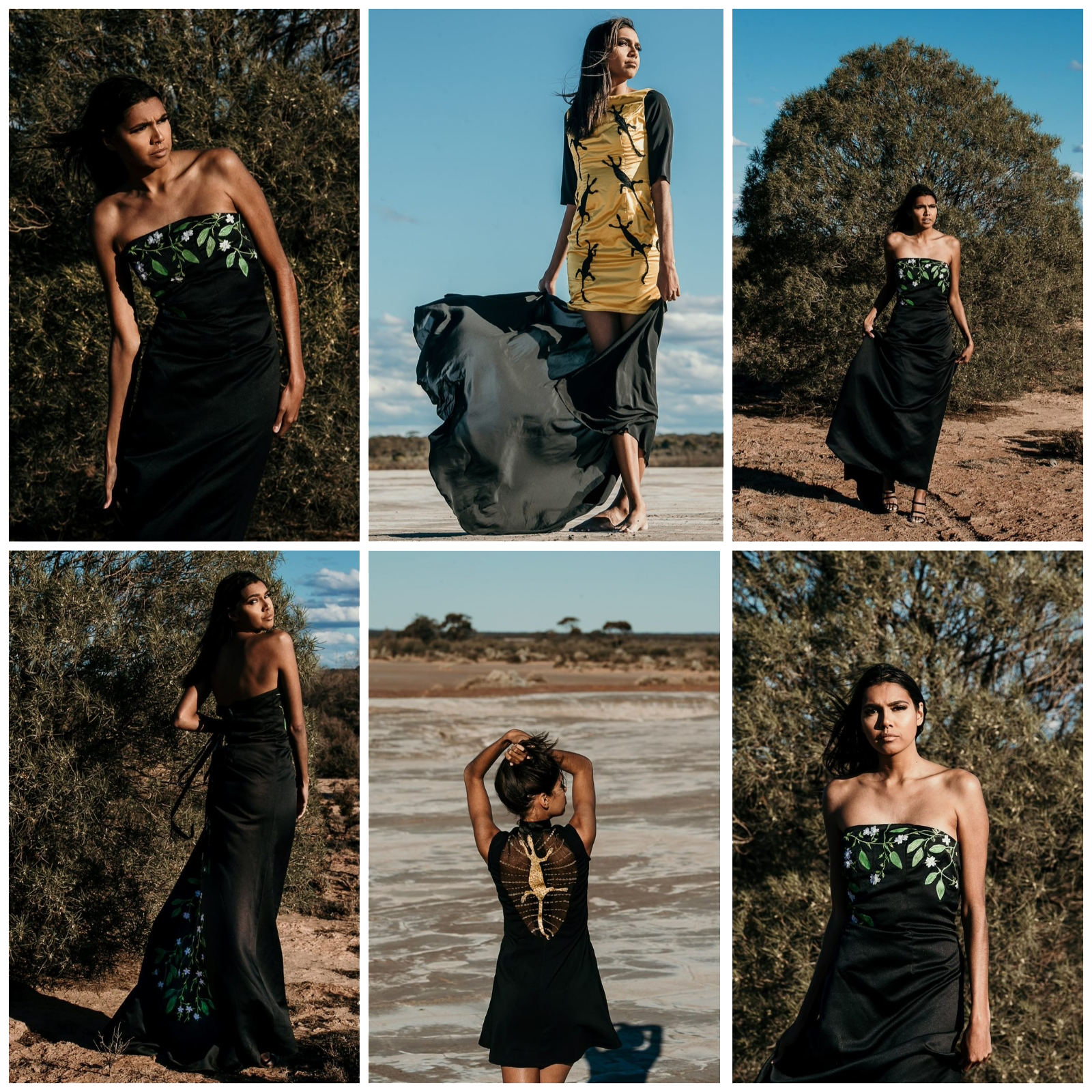 Six photos in a square collage, each featuring a dress. Dresses include gold sequins with goana print, black with embroidered animals, and long black with leafy green trim print