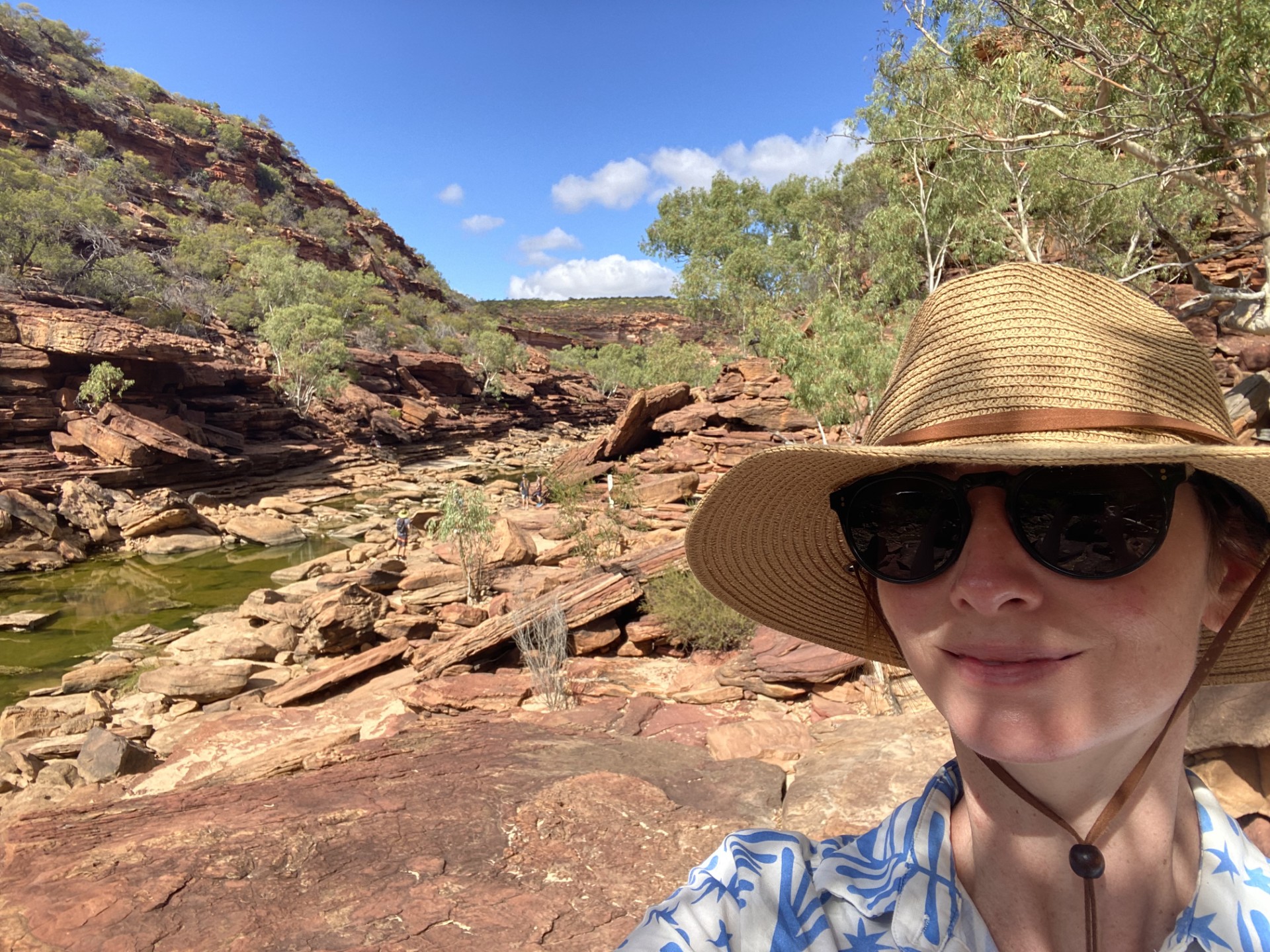 Person looking at camera with hat and sunglasses in a bush landscape