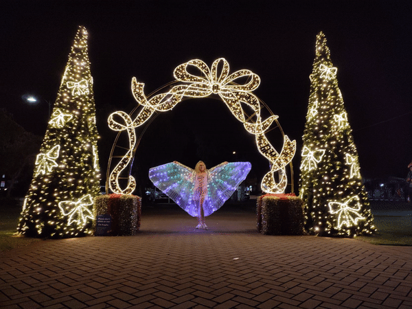 Woman stands in between two christmas trees covered in fairy lights, she holds her arms up spreading her light up wings.