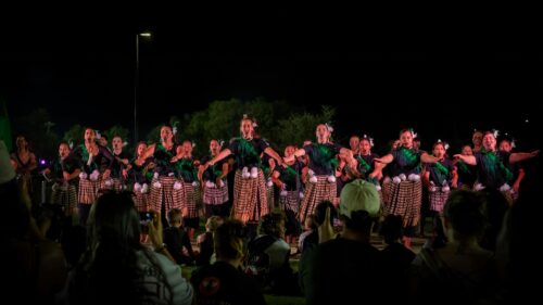 Performers in traditional attire on stage at night; audience seated on grass watching cultural dance or ceremony.