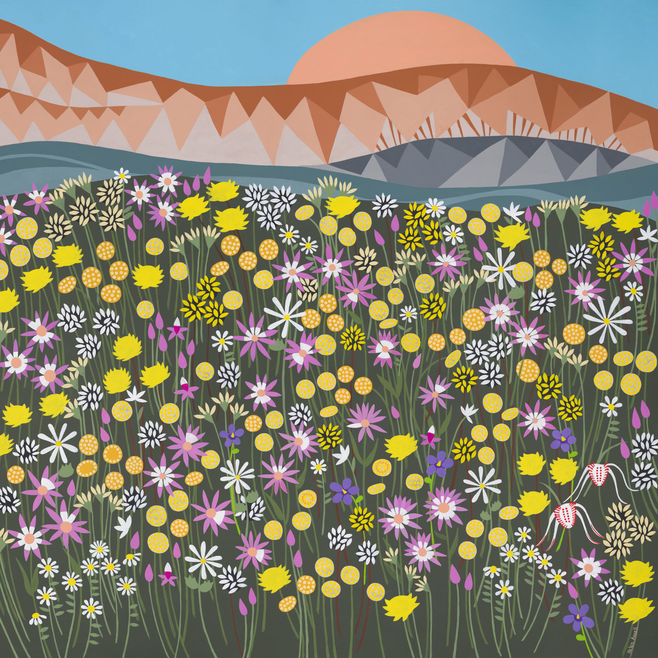 Artwork by Helen Ansell showing a floral landscape