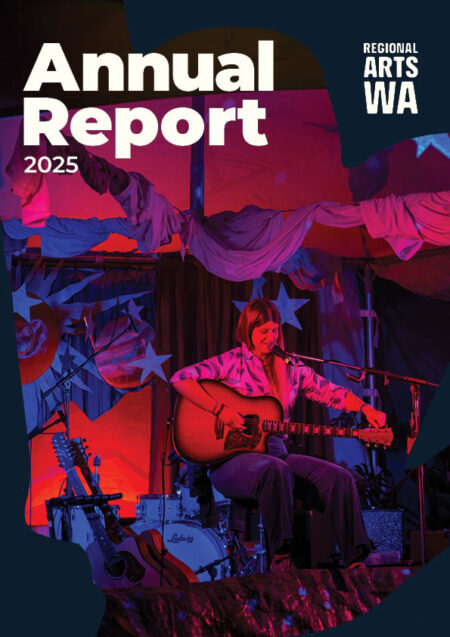 Annual Report 2025 cover featuring a woman tuning a guitar under red, pink, and purple lighting on a stage.