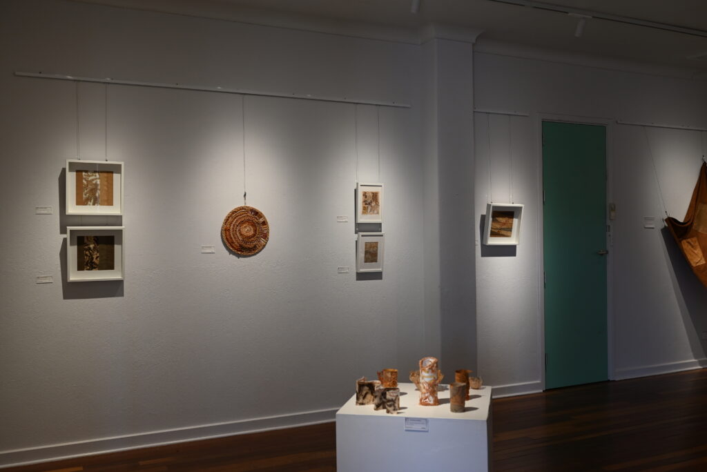 An art exhibition featuring different applications of textiles in various earthy-brown colours are displayed on the wall and plinths.