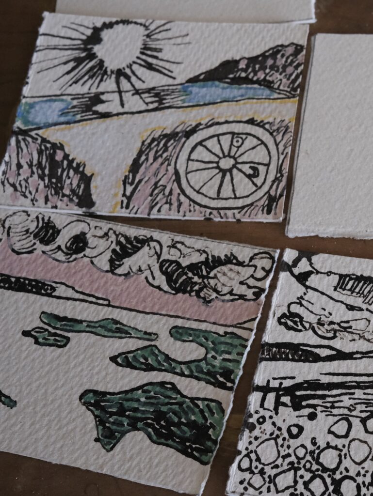 Four squares of ink and watercolour illustrations on watercolour paper.