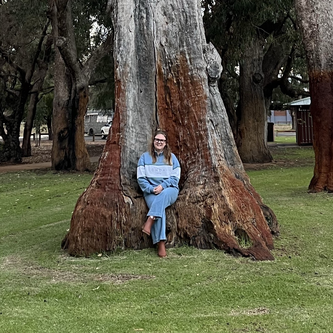 A woman standing in front of tall tree