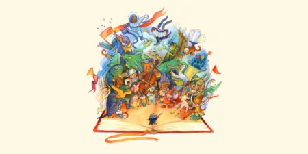 A watercolour illustration of children book characters.